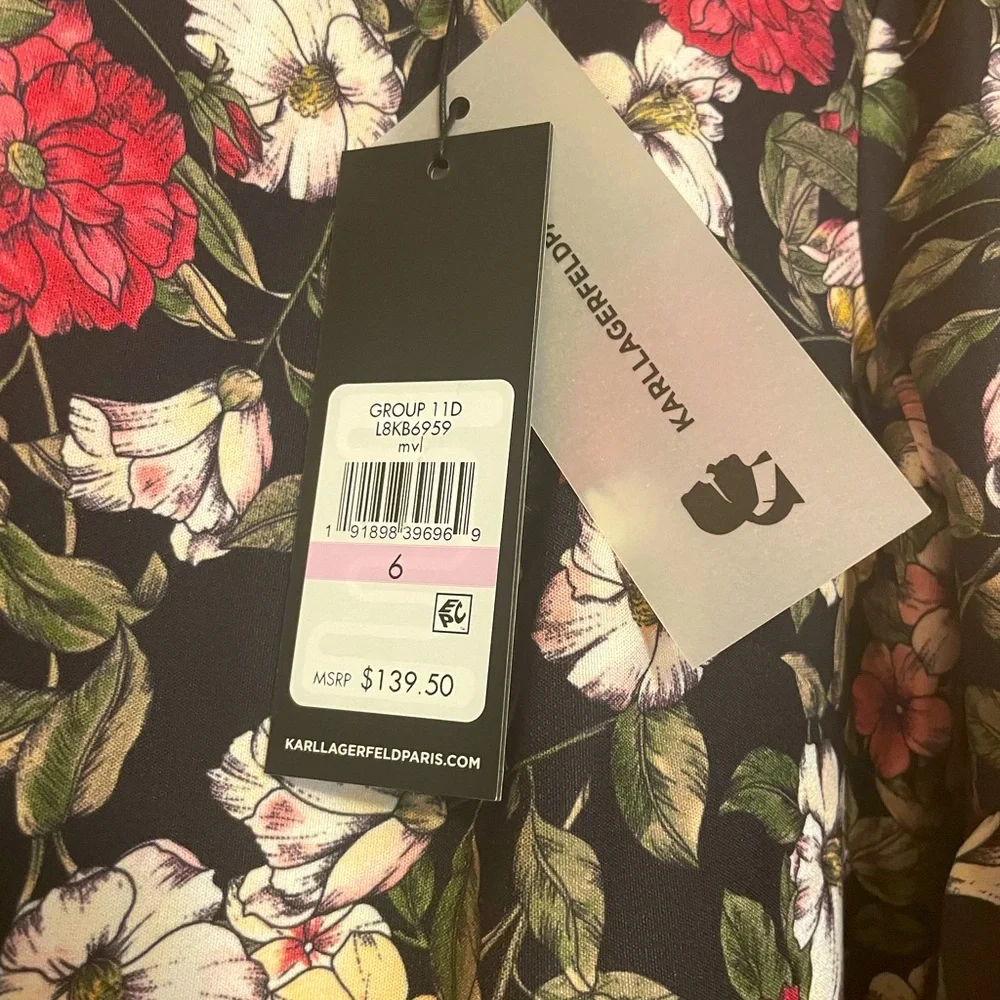 Karl Lagerfeld Paris NWT Floral Bell Sleeve Shift Dress 6 Black Pink - Picture 2 of 8